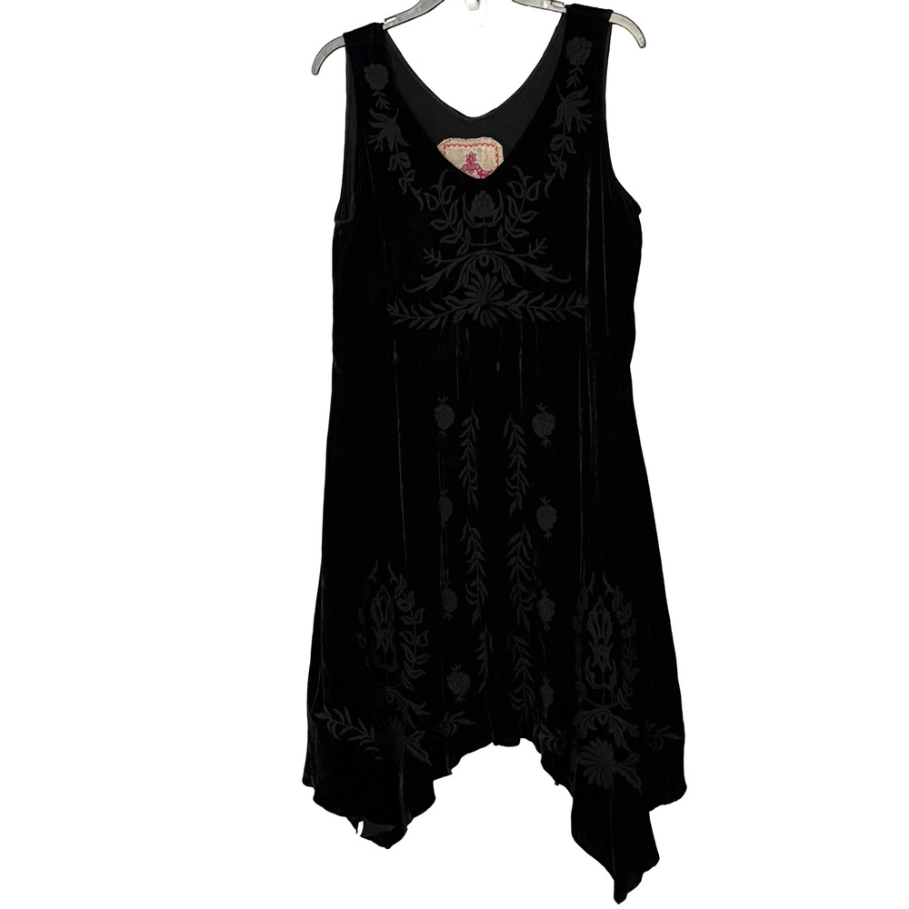 Johnny Was LA Black Velvet Embroidered‎ Midi Asymmetrical Hem Dress - Large